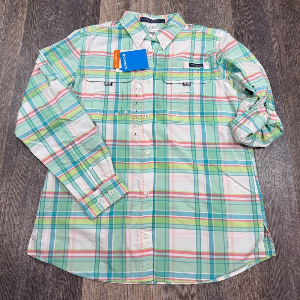 Columbia PFG Super Bahama Shirt Womens Small Green Plaid UPF 30 Breathable NEW